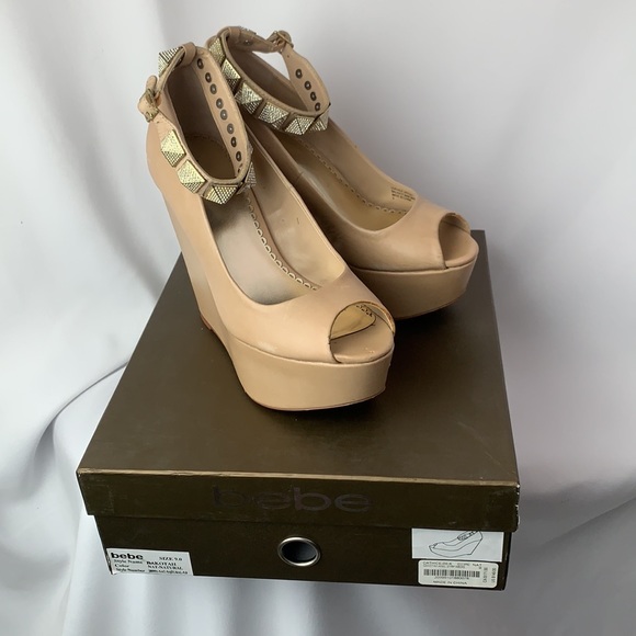 Bebe Nude Studded Ankle Strap Wedges - Picture 2 of 13